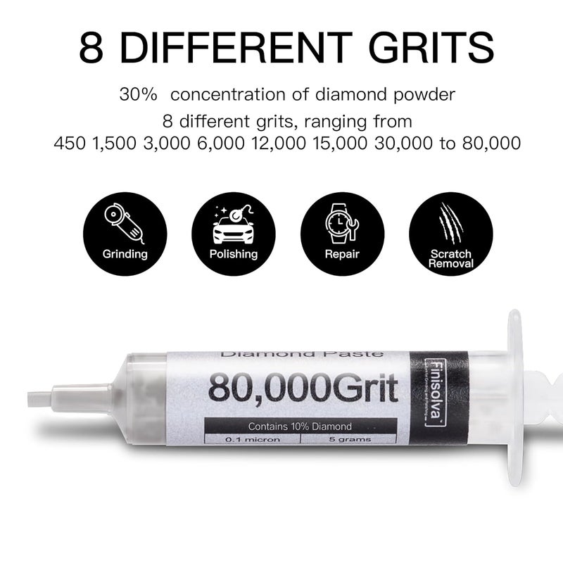 Finisolva 8 Pack Diamond Polishing Compound Genuine 30% Concentration Diamond Paste Kit 80,000 to 450 Grit Lapping Stropping Compound for Glass Watch Metal Knife Ring Jewelry Rock Resin Scratch Remover Repair - Image 2